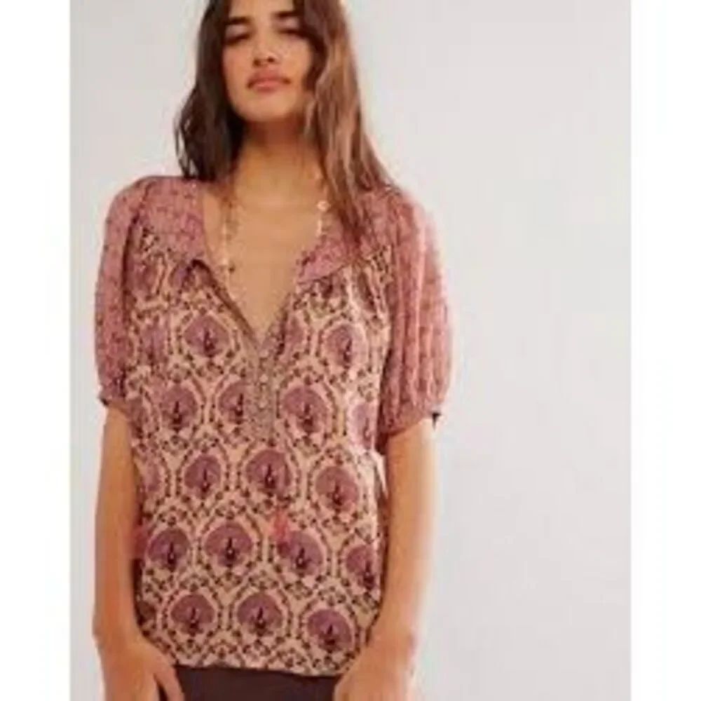 Spell Purple Cream Viscose Blend Chateau Short Sleeve Blouse Top Size Small